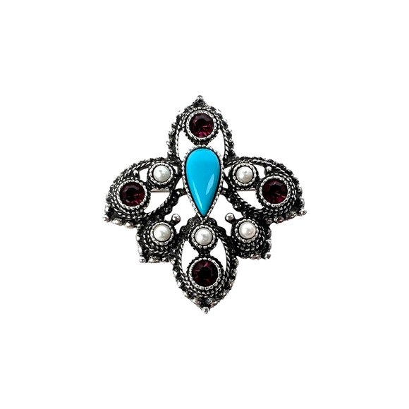 Sarah Coventry Imperial Brooch Pendant Faux Turquoise Purple Stones Silver Tone - Picture 1 of 9